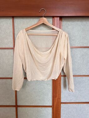 Eimy Istoire Japanese Designer Sheer Cropped Long Sleeve Drape Top